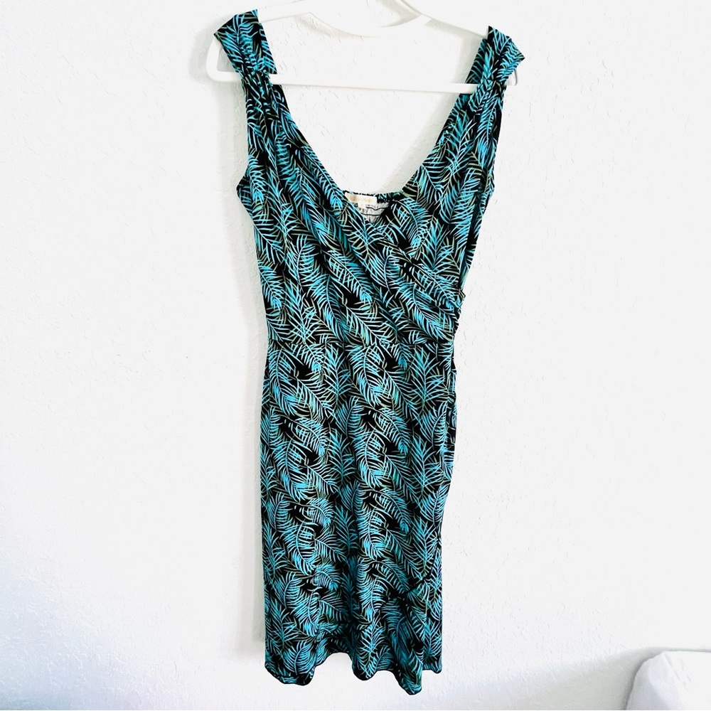 Zen Knits Women’s Mock Wrap Mini Dress Sleeveless Tropical Leaf Print Small